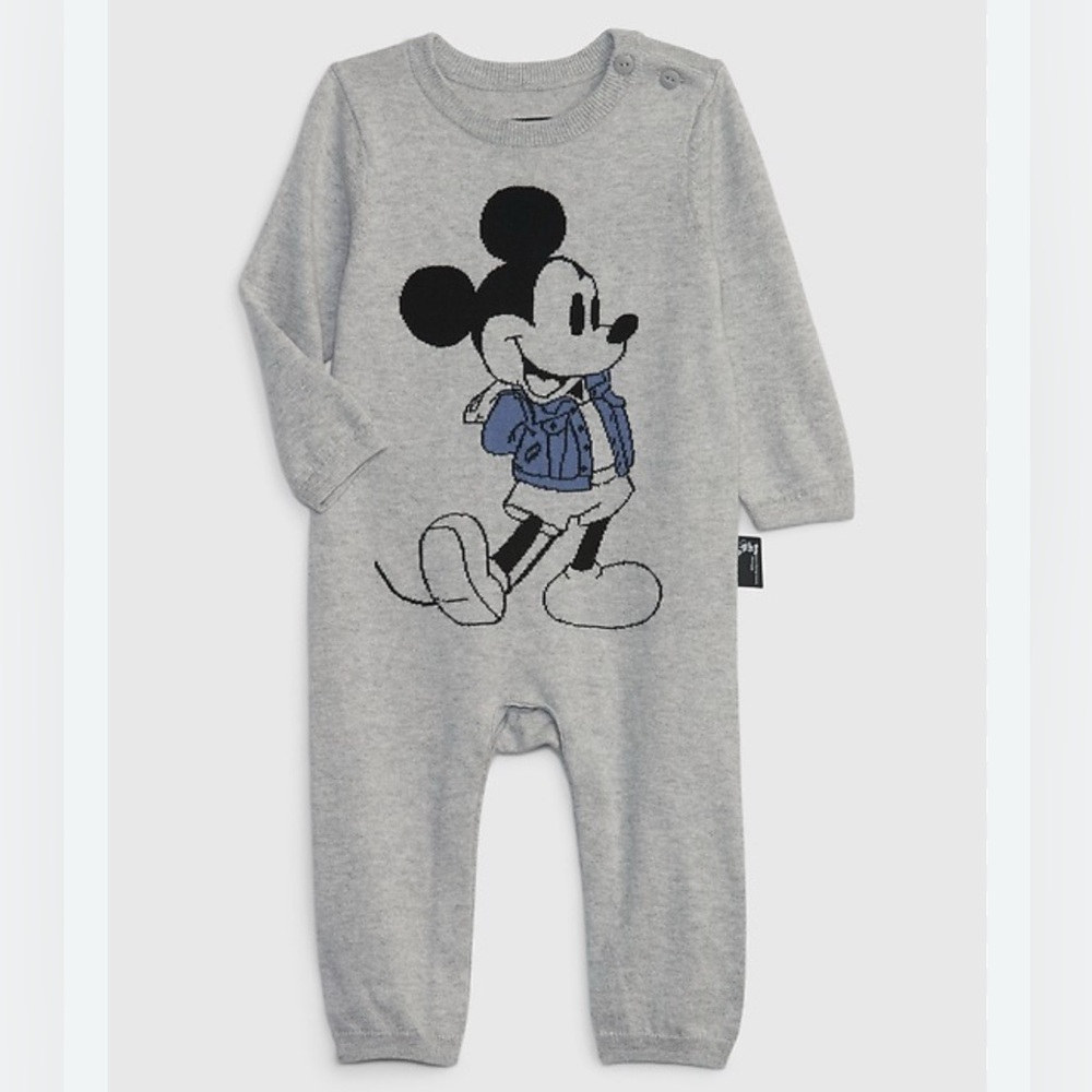 Disney NWOT Toddler Boy 3-6m Long Sleeve Gray Mickey Mouse Romper Cotton